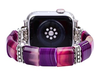 Amethist Aura-agaat natuursteen Apple Watch-bandje met kralen versierde Apple Watch-band, past op elke Apple Watch, Apple-band voor dames, Moederdagcadeau
