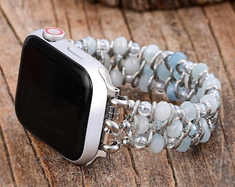 Beaded Apple Watch Strap | Band 38mm 40mm 41mm 42mm 44mm 45mm 46mm 49mm | Compatible with all Apple Watch Series Aquamarine Sapphire