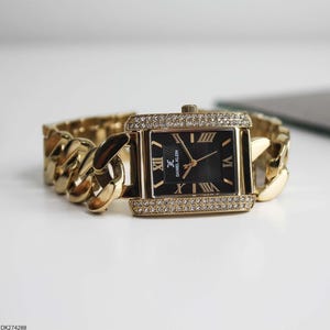 Luxury Women’s Gold Chain Bracelet Watch - Rectangular Black Dial with Zircon Stone Accents, Elegant and Timeless Design