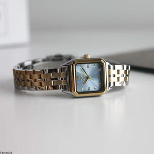 Montre Ferro élégante bicolore pour femme, cadran bleu, cadran rectangulaire, bracelet en acier inoxydable, coffret cadeau de luxe, garantie incluse