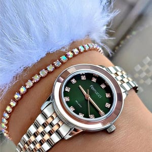 Ferrucci Women’s Luxury Watch-Elegant Green Dial with Sparkling Crystal Markers,Polished Rose Gold Bezel, and Two-Tone Stainless Steel Strap