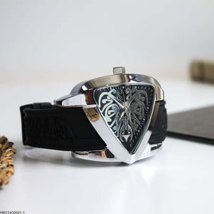 Unique Triangle Dial Men's Watch – 46mm Silver Quartz Wristwatch with Black Silicone Strap, Bold Modern Design Gift for Him