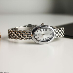 Luxury Silver Ladies Watch - Elegant Oval Roman Dial Wristwatch with Woven Chain Bracelet, Classic Vintage Design for Women