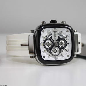 Men's Modern Chronograph Watch - Black and White Square Dial with Silicone Strap, Multifunction Sub-Dials, and Bold Design for Active Wear