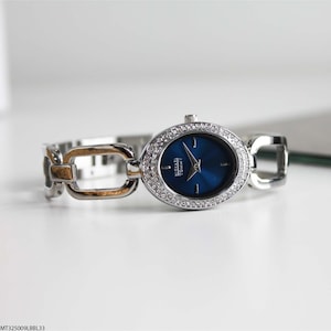 Elegant Blue Oval Dial Women’s Watch with Crystal Accents – Silver Bracelet Dress Watch, Luxury Gift for Her, Classic Jewelry