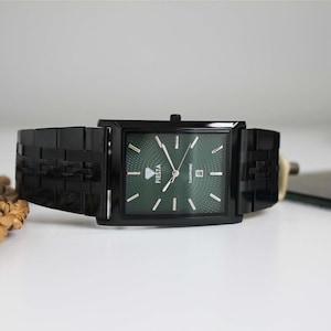FIESTA Men's Watch Square Black Green Dial 40mm - Luxury Rectangle Case Steel Watch Date Display - Modern Business Casual Classic Watch