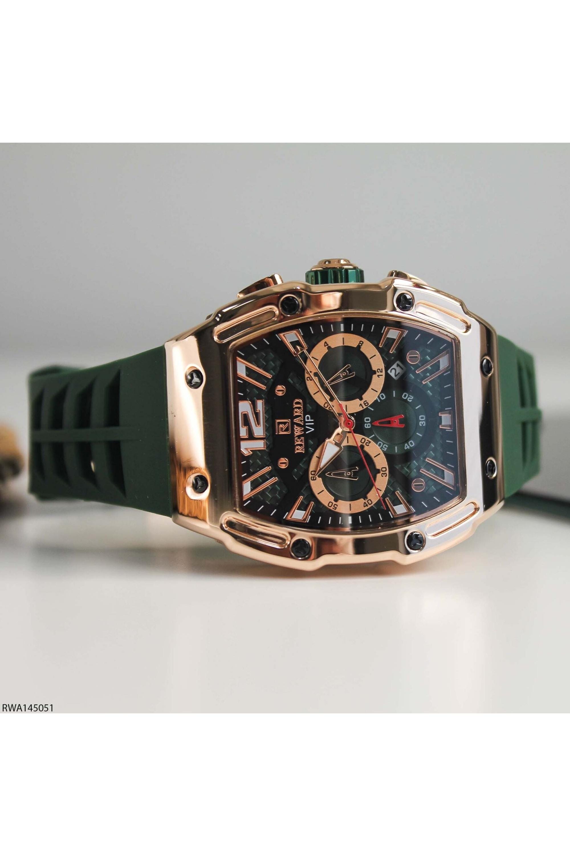 Men's Luxury Chronograph Watch - Bold Green Dial, Rose Gold Stainless Steel Case, Silicone Strap,Multifunction Sub-Dials for Modern Elegance