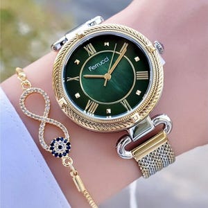 Elegant Ferrucci Women’s Watch - Green Dial with Roman Numerals and Gold-Tone Stainless Steel Bracelet