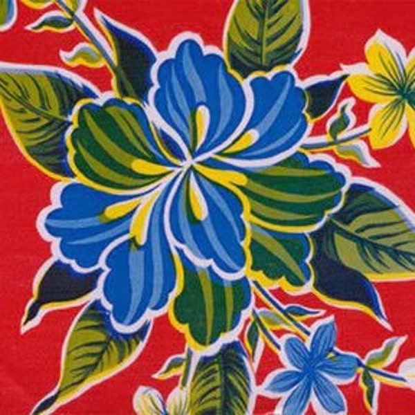 Red Hibiscus Oilcloth Fabric - By the Yard