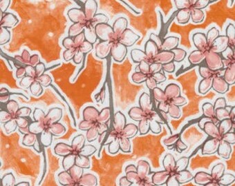 Orange Cherry Blossoms Oilcloth Fabric - By the Yard