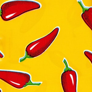 Red Chili Pepper on Yellow Oilcloth Fabric - By the Yard