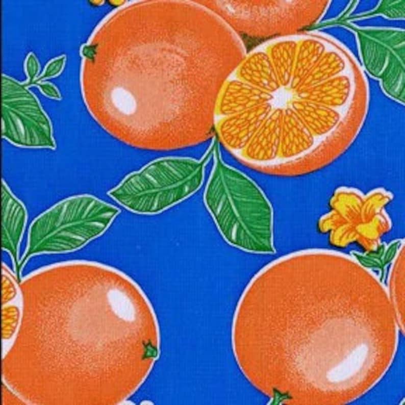 Oranges on Blue Oilcloth Fabric By the Yard image 1