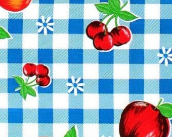 Royal Blue Cafe Check with Fruit Oilcloth Fabric - cortado a medida