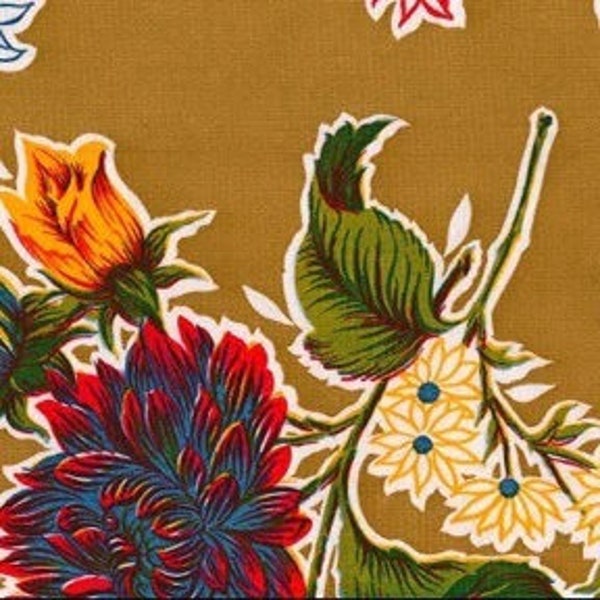 Tan Mums Oilcloth Fabric - By the Yard