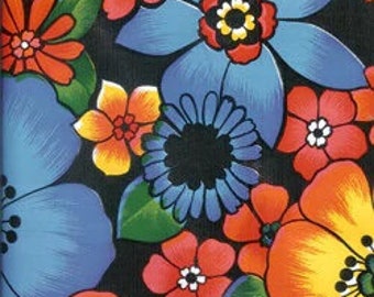 Flora on Black Oilcloth Fabric - By the Yard