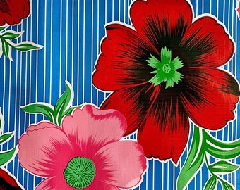 Royal Blue Bold Flower and Stripes Oilcloth Fabric - By the Yard