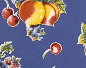 Blue Pears and Apples Oilcloth Fabric - By the Yard