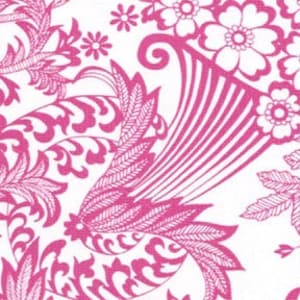 May include: Pink and white floral pattern fabric with a paisley design. The fabric features a repeating pattern of flowers, leaves, and swirls.