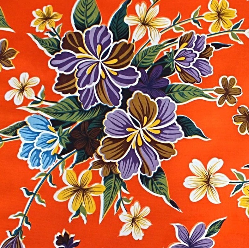 Orange Hibiscus Oilcloth Fabric By the Yard image 1