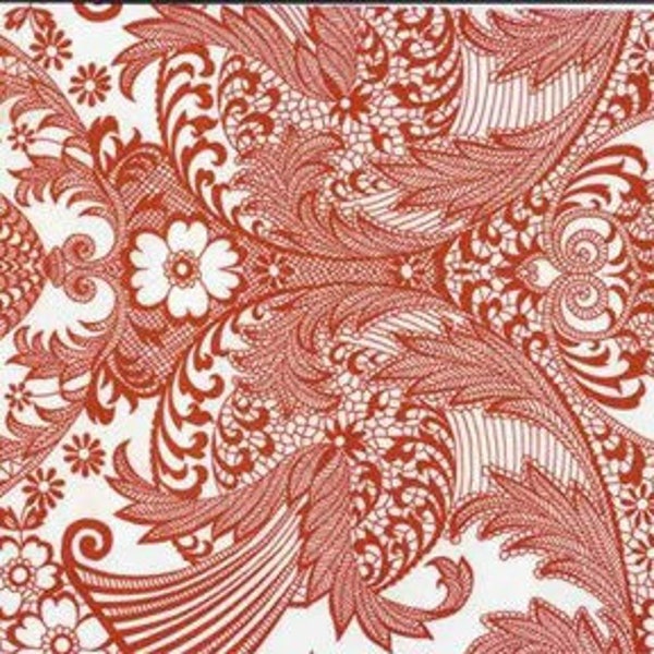 Red and White Toile Oilcloth Fabric - By the Yard