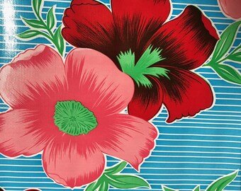 Light Blue Bold Flower and Stripes Oilcloth Fabric - By the Yard