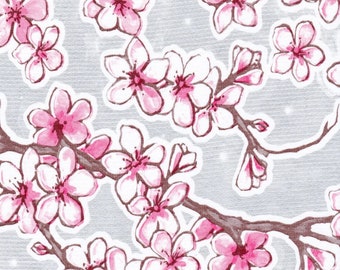 Gray Cherry Blossoms Oilcloth Fabric - By the Yard