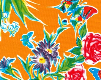May include: A vibrant orange fabric with a floral pattern featuring blue, green, red, white, and yellow flowers. The fabric also features butterflies with blue, green, red, and white wings.