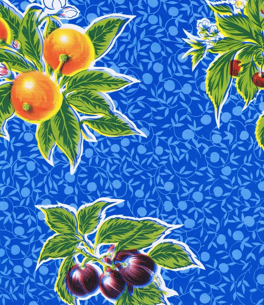 Blue Summer Fruit Oilcloth Fabric - By the Yard