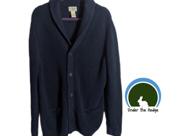 Cardigan châle avec poches en tricot gaufré en coton bio bleu marine de LL Bean - Grande taille hommes - Cabincore Cottagecore Classic Cozy Winter