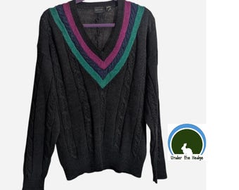 Vintage Struktur Schwarz Zopfmuster Lange Ärmel V-Ausschnitt Pullover Streifen Ausschnitt - Herren Large - Retro Preppy Herbst Winter Lässig