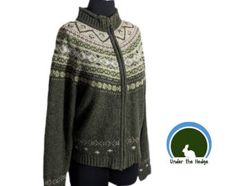Vintage Evan Picone Green Fair Isle Full Zip High Neck Knit Cardigan Sweater - Size Medium - Cabincore Cottagecore Classic Retro Winter
