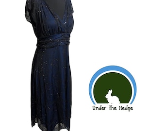 Vintage Y2K Studio 1940 Navy Floral Mesh Sparkle Asymmetrisches Midi Kleid - Größe 8 - Dark Feminine Fairy Goth Whimsigoth Grunge Dark Romance