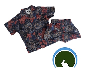 Conjunto vintage de los 80 Hilo Hattie, azul marino y rojo, estilo hawaiano, 2 piezas, pantalones cortos, tallas mixtas - Camisa 8 / Pantalones cortos 6X - Aloha Tropical Retro Island