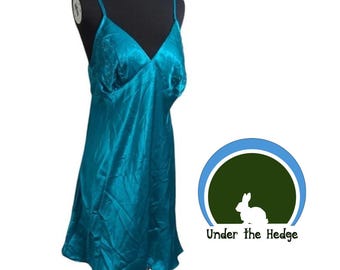Vintage 90s Cindy's Closet Teal Embroidered Satin Spaghetti Strap Mini Slip Dress - Women's Medium - Fairy Grunge Whimsigoth Lingerie