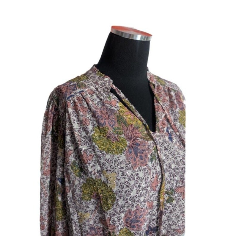 New Joie Dusty Rose Pink Floral Chiffon Smocked Balloon Sleeve Peasant Top - Women's Small - Fairycore Cottagecore Romantic Boho Soft Girl image 3