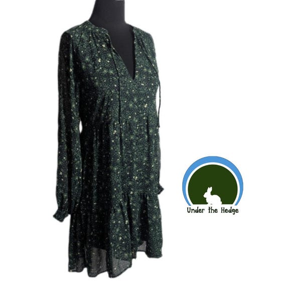 stradivarius green floral dress Chiffon Tiered Balloon Sleeve Mini Lined- Women's Small - Cottagecore Forest Fairy Whimsigoth Boho BRAND-MIRACOLOS BY RUCHI