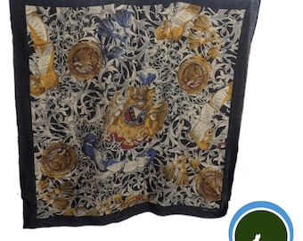 Echo Black Heraldic Print Square Scarf - 34x34" - Glam Old Money Quiet Luxury Vintage