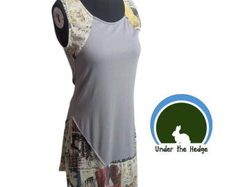 Vestido mini túnica asimétrico Art Nouveau con patchwork gris claro de Sacred Threads - Talla S de mujer - Whimsigoth Fairycore Grunge Indie Boho