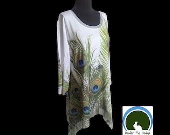 Tunica asimmetrica vintage indaco con strass bianchi e piume di pavone - Taglia M da donna - Fairycore Cottagecore Boho Etereo