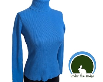 Jersey de punto de cuello alto acanalado azul estilo vintage de los 90 para mujer (talla pequeña) - Estilo casual indie retro de otoño.