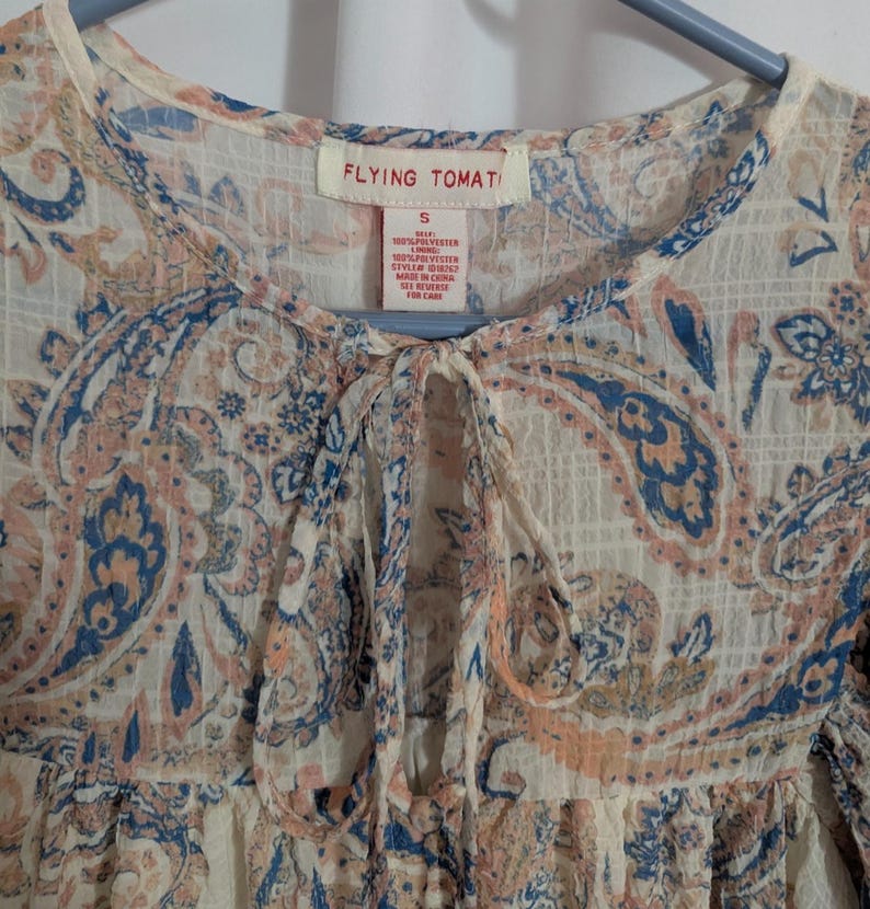 Anthropologie Flying Tomato Ivory Paisley Babydoll Mini Dress Balloon Sleeves - Women's Small - Cottagecore Coquette image 3