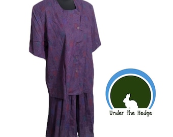 Conjunto de 2 piezas hecho a mano con estampado morado: top abotonado y bermudas - Talla M-L - Estilo retro indie vanguardista