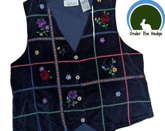 Gilet vintage anni '90 Casey & Max in velluto ricamato blu navy con lavorazione arazzo e ciniglia - Taglia L da donna - Cottagecore Fairycore Twee