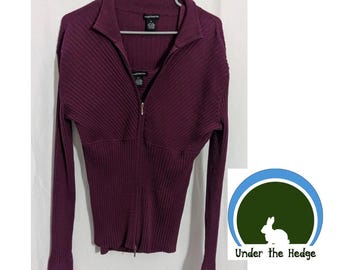 Vintage Dolce Fabuloso Burgundy Silk Blend Ribbed Zip Sweater & Tank 2pc Set - Size L-XL - Minimalist Athleisure Romanticized Athletic