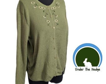 Cardigan vintage anni '90 Rafael Green con ricami floreali e bottoni - Taglia L da donna - Cottagecore Goblincore Forest Fairy Librarian