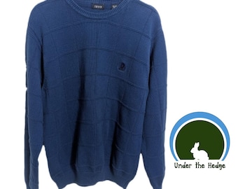 Jersey de punto azul vintage de manga larga con logo bordado de Izod de los años 90 - Talla L para hombre - Estilo preppy minimalista retro