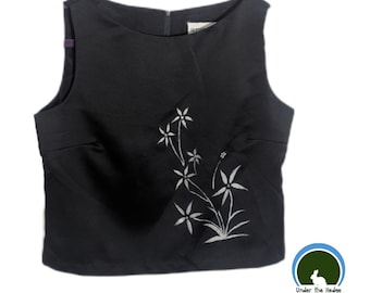 Vintage 80s Betsy's Things Black Rhinestone Floral Sleeveless Boat Neck Formal Crop Top - Women's 10 - Whimsigoth Goth Glam Elegant Occasion
