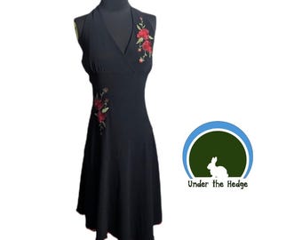 Vintage Y2K Lipstick Black Flower Embroidered Asymmetrical Hem Halter Midi Dress - Stretch - M-L - Whimsigoth Fairy Goth Dark Feminine