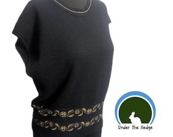 Vintage jaren 90 trui Bazaar zwart metallic goud ronde hals mouwloos gebreide trui - dames groot - verhoogd indie zacht goth casual chic