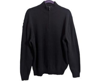 Vintage Jos. A. Bank Black 100% Cashmere Mock Neck Zip Pullover Sweater - Men's Large - Preppy Minimalist Modern Prep Natural Fabric Goth